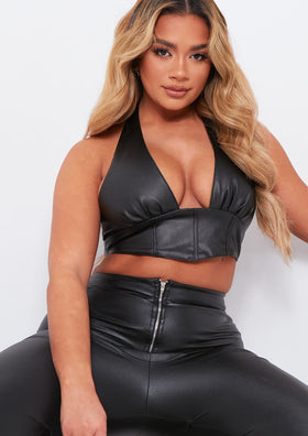 Romy Black PU Cropped Corset Halterneck Top Romy Black PU Cropped Corset Halterneck Top