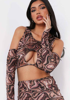 Phoebe Brown Print Crop Top with Sleeves Co-ord Phoebe Brown Print Crop Top with Sleeves Co-ord