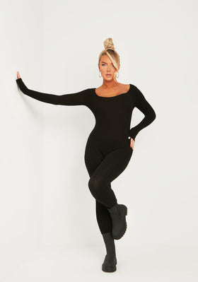 Evie Black Knitted Long Sleeve Ribbed Jumpsuit Evie Black Knitted Long Sleeve Ribbed Jumpsuit