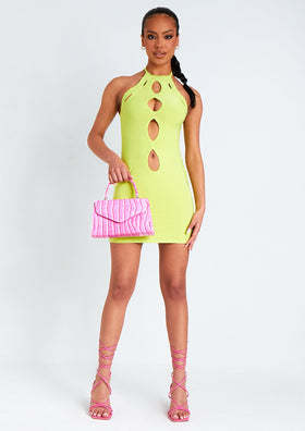 Giselle Lime Cut Out Halter Neck Double Layered Mini Dress Giselle Lime Cut Out Halter Neck Double Layered Mini Dress