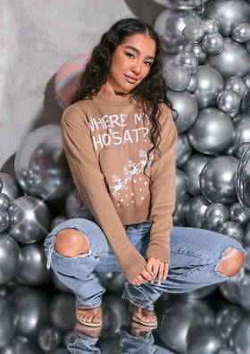 Alisa Beige 'Where My Ho's At' Knitted Christmas Jumper Alisa Beige 'Where My Ho's At' Knitted Christmas Jumper