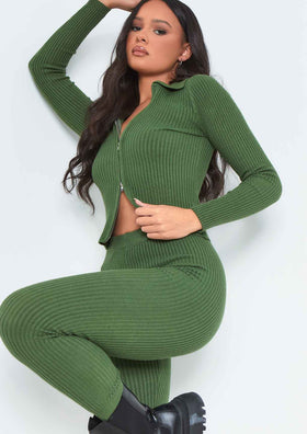Georga Dark Green ribbed knit zip up cardigan and legging co ord Georga Dark Green ribbed knit zip up cardigan and legging co ord