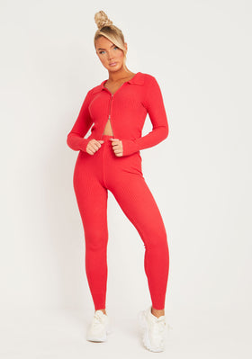 Georga Red Ribbed Knit Zip Up Cardigan & Legging Co-ord Georga Red Ribbed Knit Zip Up Cardigan & Legging Co-ord