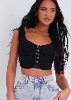 Trudy Dipped Hem Mesh Ruched Corset Top Trudy Dipped Hem Mesh Ruched Corset Top