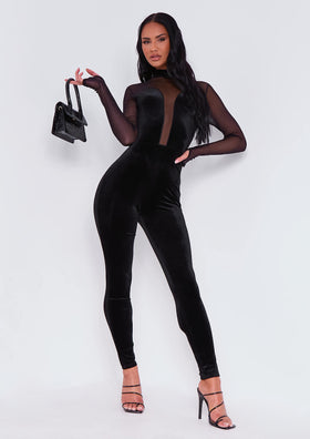 Lacie Black Velour Mesh Detail Jumpsuit Lacie Black Velour Mesh Detail Jumpsuit