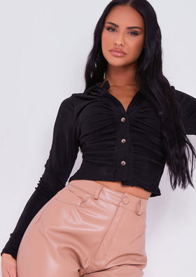 Alishia Black Long Sleeve Button Up Ruched Acetate Slinky Top Alishia Black Long Sleeve Button Up Ruched Acetate Slinky Top