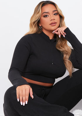 Sade Black Soft Rib Zip Up Long Sleeve Crop Top Sade Black Soft Rib Zip Up Long Sleeve Crop Top