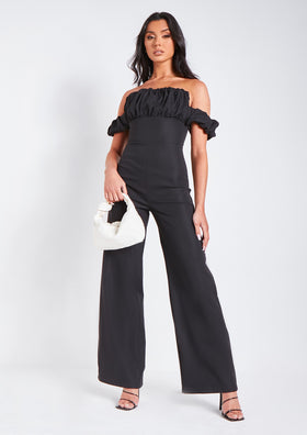 Rosalyn Black Bardot Ruffle Wide Leg Tailored Jumpsuit Rosalyn Black Bardot Ruffle Wide Leg Tailored Jumpsuit