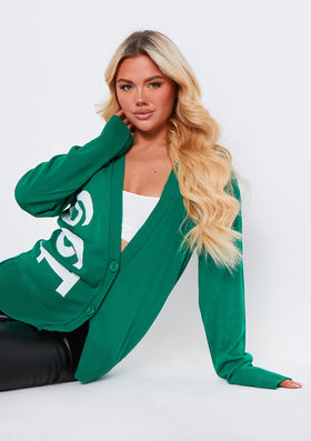 Noella Dark Green 1990 Varsity Print Knitted Cardigan