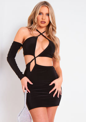 Siya Black Asymmetric Cut Out Detail Dress Siya Black Asymmetric Cut Out Detail Dress