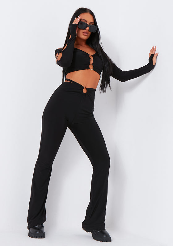 Trisha Black Ring Detail Waist Strap Flared Trouser