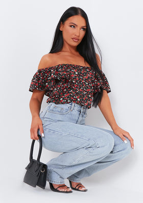 Jasleen Black Floral Printed Frill Detail Crop Top Jasleen Black Floral Printed Frill Detail Crop Top