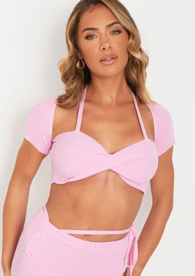 Anna Pink Twist Front Cap Sleeve Crop Top Anna Pink Twist Front Cap Sleeve Crop Top