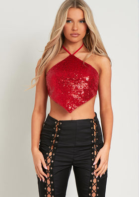 Luna Red Sequin Halter Neck Tie Top Luna Red Sequin Halter Neck Tie Top