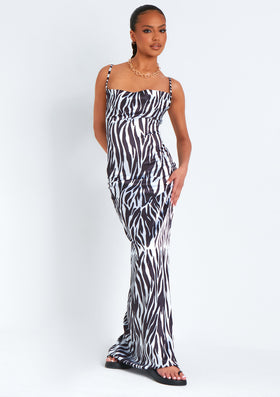 Hannah Zebra Print Satin Lace Up Back Maxi Dress Hannah Zebra Print Satin Lace Up Back Maxi Dress