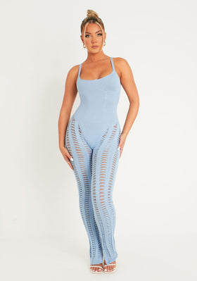 Eva Pastel Blue Laddered Knitted Seam Jumpsuit Eva Pastel Blue Laddered Knitted Seam Jumpsuit