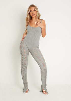 Eva Light Grey Laddered Knitted Seam Jumpsuit Eva Light Grey Laddered Knitted Seam Jumpsuit