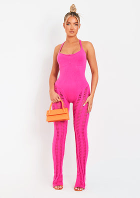 Eva Pink Laddered Knitted Seam Jumpsuit Eva Pink Laddered Knitted Seam Jumpsuit