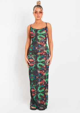 Marty Black Abstract Printed Mesh Cowl Neck Maxi Dress Marty Black Abstract Printed Mesh Cowl Neck Maxi Dress