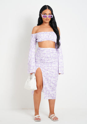 Sienna Lilac Floral Print Midi Skirt With Slit Sienna Lilac Floral Print Midi Skirt With Slit