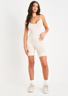 Sariah Cream Ribbed Seamless Strappy Unitard Sariah Cream Ribbed Seamless Strappy Unitard