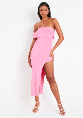 Milana Pink Bardot One Shoulder Midi Dress With Slit Milana Pink Bardot One Shoulder Midi Dress With Slit