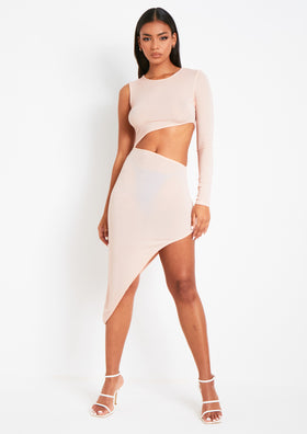 Aubrielle Baby Pink One Shoulder Glitter Slinky Cut Out Midi Dress
