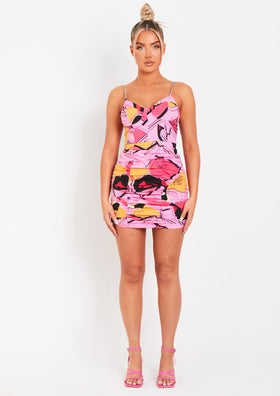 Fatima Pink Abstract Printed Ruched Chain Strap Mini Dress Fatima Pink Abstract Printed Ruched Chain Strap Mini Dress