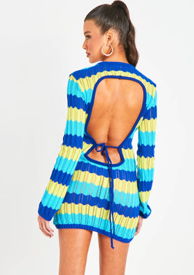 Harleigh Blue Multi Crochet Knit Backless Mini Dress Harleigh Blue Multi Crochet Knit Backless Mini Dress