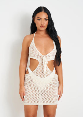 Aarya Cream Knit Cut Out Mini Dress Aarya Cream Knit Cut Out Mini Dress