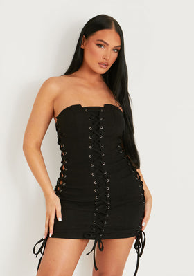 Bella Black Bandeau Mini Dress With Lace Up Detail Bella Black Bandeau Mini Dress With Lace Up Detail