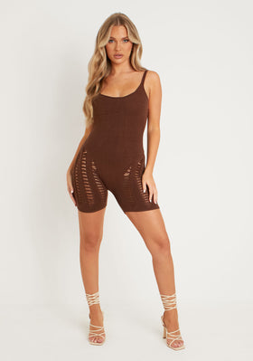 Adalynn Chocolate Laddered Knitted Unitard Adalynn Chocolate Laddered Knitted Unitard