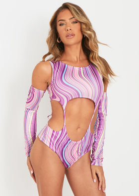 Libby Printed Double Layer Slinky Cut Out Bodysuit With Separate Sleeves