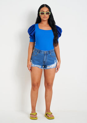 Jade Blue Puff Sleeve Square Neck Bodysuit