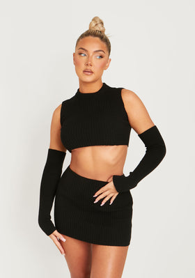 Cali Black Knitted Crop Top With Separate Sleeves