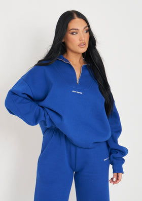 Rivka Cobalt Blue Embroidered Half Zip Oversized Sweatshirt