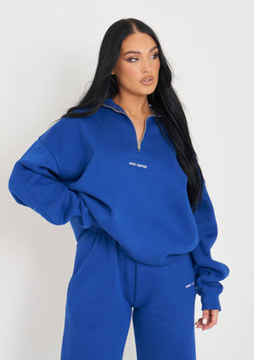 Rivka Cobalt Blue Embroidered Half Zip Oversized Sweatshirt Rivka Cobalt Blue Embroidered Half Zip Oversized Sweatshirt