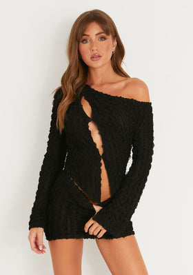 Mindy Black Textured Cut Out Asymmetric Crop Top Mindy Black Textured Cut Out Asymmetric Crop Top