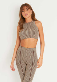 Leia Brown Contrast Knit Racer Crop Top | Women's Crop Tops | MissyEmpire | Missy Empire