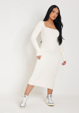 Kim Cream Knit Square Neck Long Sleeve Midi Dress Kim Cream Knit Square Neck Long Sleeve Midi Dress