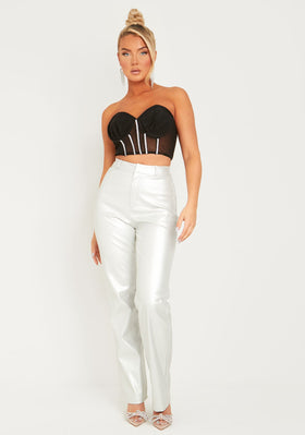 Ava Silver Metallic Leather Look Straight Leg Trousers Ava Silver Metallic Leather Look Straight Leg Trousers