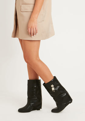 Kourtney Black Buckle Detail Calf Boots Kourtney Black Buckle Detail Calf Boots