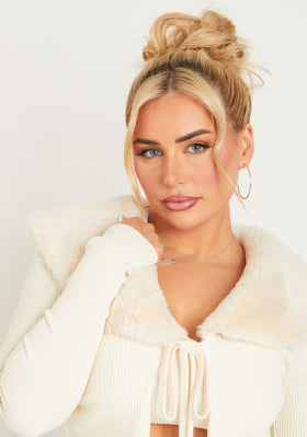 Meghan Cream Thick Rib Faux Fur Tie Front Cropped Cardigan Meghan Cream Thick Rib Faux Fur Tie Front Cropped Cardigan
