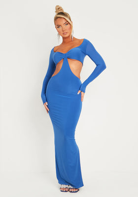Gypsi Cobalt Blue Double Layer Slinky Long Sleeve Cut Out Maxi Dress