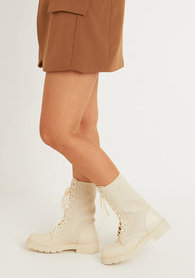 Kimi Beige Lace Up Knitted Chunky Sole Boots Kimi Beige Lace Up Knitted Chunky Sole Boots