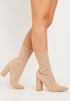 Sandra Beige Chunky Heel Sock Boots Sandra Beige Chunky Heel Sock Boots