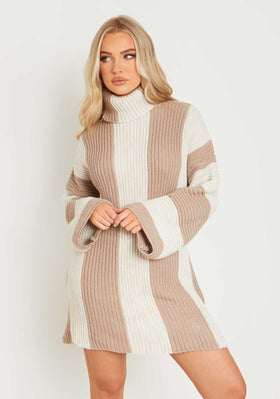 Coco Beige Knitted Stripe Roll Neck Jumper Dress Coco Beige Knitted Stripe Roll Neck Jumper Dress