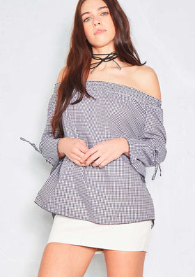 Kiah Black Gingham Bardot Top Kiah Black Gingham Bardot Top