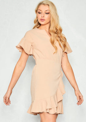 Mia Beige Crepe Front Wrap Ruffle Mini Dress Mia Beige Crepe Front Wrap Ruffle Mini Dress