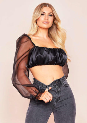 Syrah Black Satin Mesh Puff Sleeve Crop Top Syrah Black Satin Mesh Puff Sleeve Crop Top